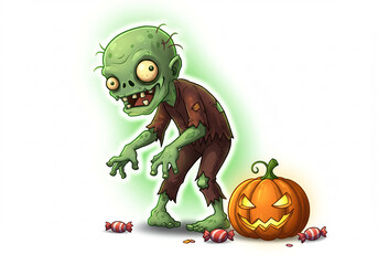 Cartoon Zombie with Jack o' Lantern and Candy