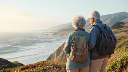 Senior couple enjoying scenic coastal view during morning hiking adventure