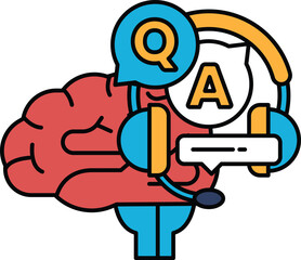 A cartoon brain with a headset on it and the letters Q and A