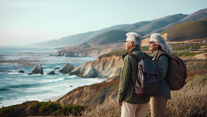 Senior couple enjoying scenic coastal view outdoors on a peaceful day