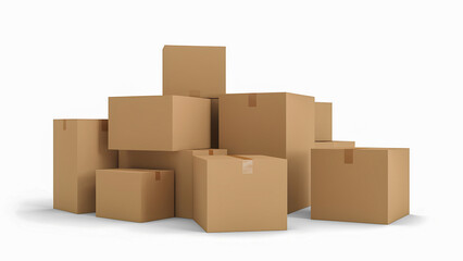 Stacked cardboard boxes for moving and storage on white background