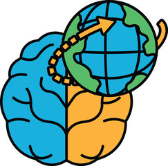 A brain and a globe are shown with a green arrow pointing to the globe