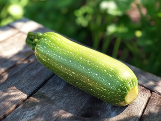 Fresh Green Zucchini on Rustic Wooden Table in Garden Sunlight