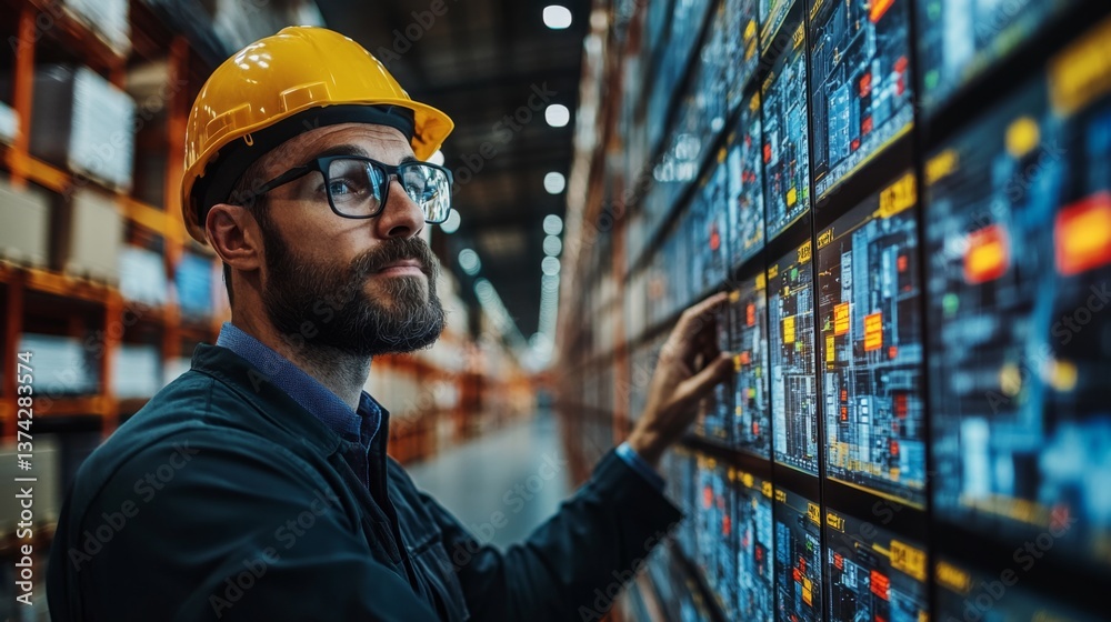 Poster a warehouse worker wearing a hard hat and glasses examines digital inventory screens in a logistics 