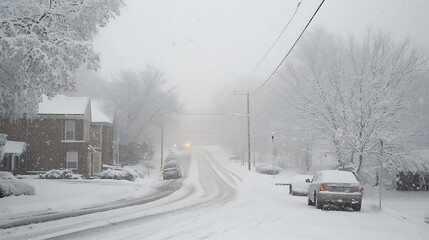 A snowstorm blanketing a city in thick snow, reducing visibility and freezing structures 