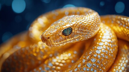 Fototapeta premium Golden snake elegantly coiled showcasing intricate scales and beauty