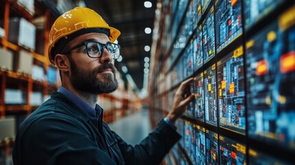 A warehouse worker wearing a hard hat and glasses examines digital inventory screens in a logistics hub. Focus is on optimizing storage and distribution during a peak activity period.