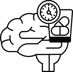 cartoon of a brain holding a pill bottle and a clock
