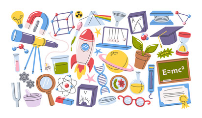 Science elementary school, college and university subject accessories hand drawn doodle item set
