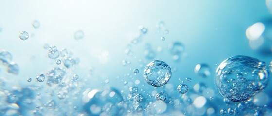 Captivating underwater world reveals ethereal bubbles in a serene blue hue with a soft focus creating a dreamy and refreshing atmosphere