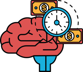 A brain with a clock and money on it