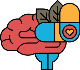 A brain is holding a pill with a heart on it