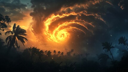 A powerful hurricane with spiraling clouds and strong winds uprooting trees 