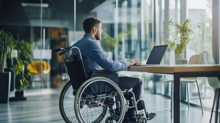 Man in Wheelchair Working on Laptop in Modern Office Setting
