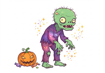 Obraz premium Cute Pixel Art Zombie in Galaxy Outfit with Jack o' Lantern