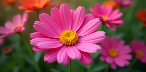 Fototapeta premium Close-up of vibrant pink painted daisy with contrasting yellow centre in full bloom, botanical, flower, yellow