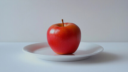 Single red apple on a white ceramic plate