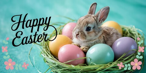 Adorable Baby Bunny Sitting Among Pastel-Colored Easter Eggs on a Vibrant Turquoise Background Perfect for Easter-Themed Designs Spring Celebrations Holiday Marketing and Cute Animal Stock Photography