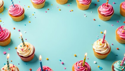 Colorful birthday cupcake pattern with candles and sprinkles, candles, birthday, dessert