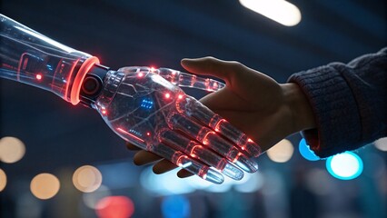 Handshake between human and robotic hand in futuristic technology setting. Created with Ai