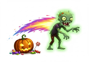 Glowing Green Zombie with Rainbow Explosion Near Jack O'Lantern and Candy