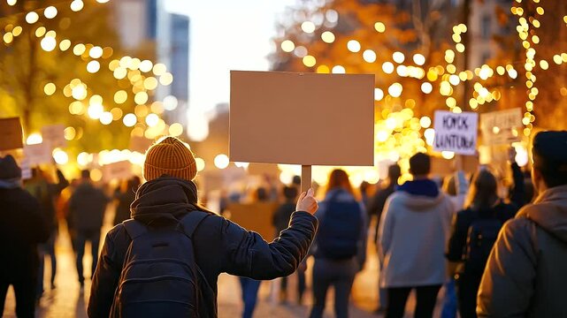 A serene assembly of activists advocating for change, bathed in warm city lights.
