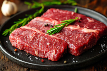 Fototapeta premium raw beef on black plate with herbs
