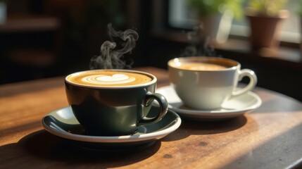 Obraz premium Two steaming cups of latte art coffee on a wooden table bathed in sunlight