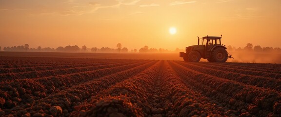 Fototapeta premium Silhouette of Farming Tractor at Noon Plowing Texture of Red Soil