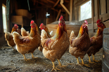cute brown chickens in wooden barn
