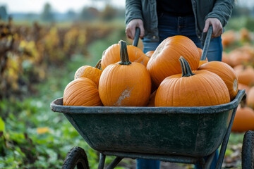 close up of man with a wheelbarrow full of pumpkins