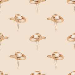 cowboy hat. Watercolor seamless pattern with cowboy theme. Cute watercolor illustration for kids