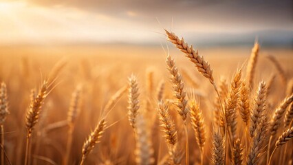 Golden wheat field at sunrise with ripe wheat stalks in foreground. Created with Ai