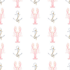 anchor, crabs, shrimps, lobsters. Watercolor seamless pattern in pastel colors. Cute seafood illustration for textile, wrapping paper, menu