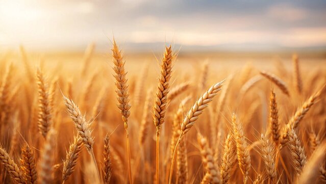 Closeup shot of golden wheat field at sunset with mature stalks glowing. Created with Ai