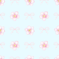flowers, bow. Watercolor seamless pattern for textile and wrapping paper. Cute spring illustration for Valentine's Day, Mother's Day, Birthday