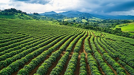 Aerial View of Vast Coffee Plantation with Rows of Trees in Perfect Alignment