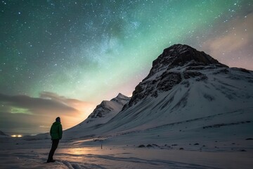 starry night sky A person gazes at a stunning starry sky over a snow-covered mountain landscape.