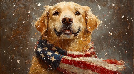 Golden Retriever in Snowy Setting, Patriotic Scarf