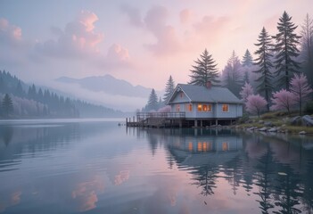 Fototapeta premium A dreamy, pastel colored scene of a lakeside cabin, where soft water reflections create a sense of peace and tranquility.