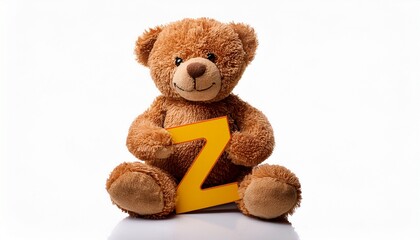 Obraz premium Cute brown teddy bear with letter Z. Baby name reveal after child birth. Stuffed animal isolated on white background