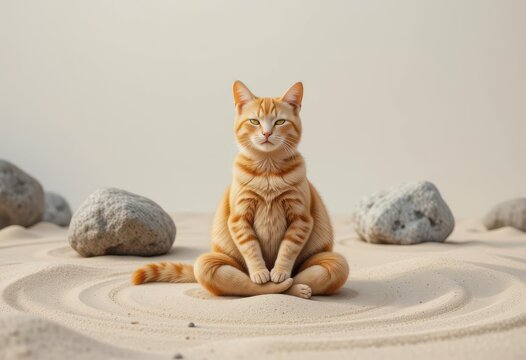  Minimalist Feline Orange Cat in a Zen Garden. Clean Lines and a Peaceful Composition Evoke a Sense of Calm and Harmony