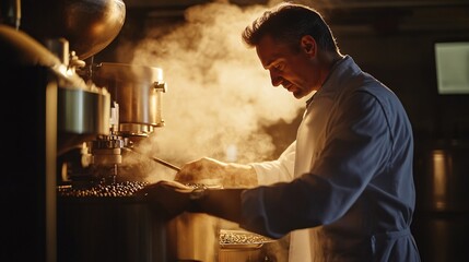 Skilled Coffee Roaster Evaluating Aroma of Freshly Roasted Beans in Cafe Setting