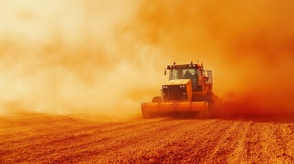 Tractor working in a dusty field