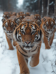 Obraz premium A herd of tigers is walking in a line in the forest Like the king of his kingdom.