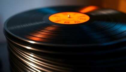 Stack of Vintage Vinyl Records, Close-up, Dark Moody, Retro