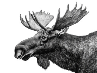 Isolated Black and White Portrait of a Moose Head