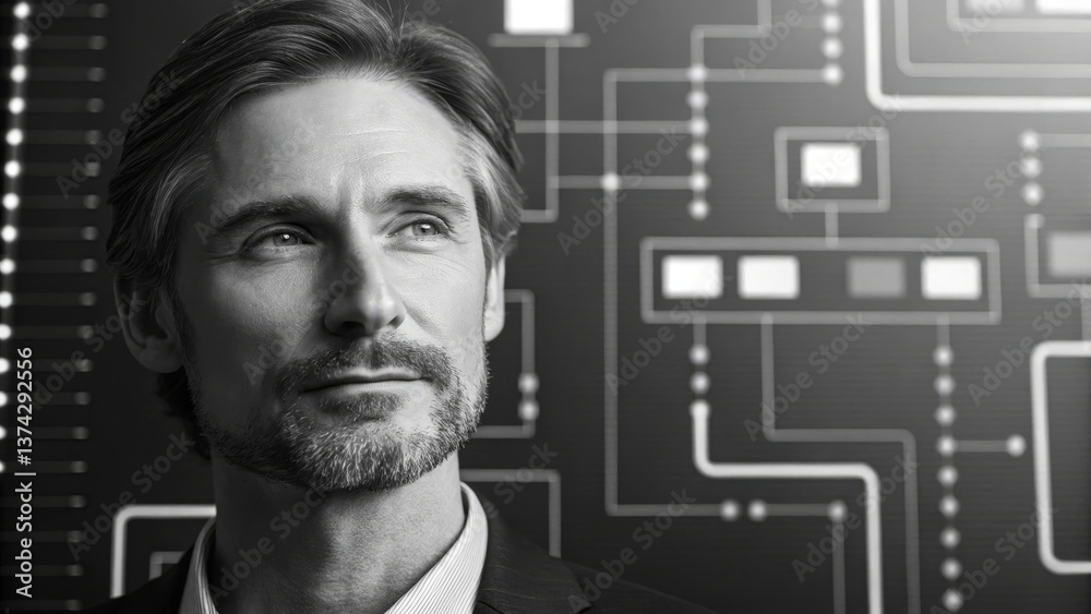 Leinwandbilder a thoughtful man stands in front of a circuit-like design, symbolizing technology and innovation in 
