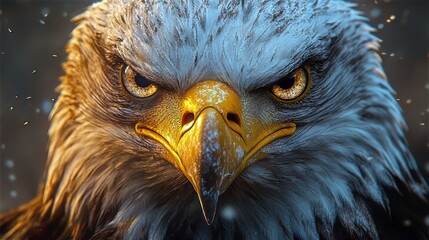 A bald eagle with intense golden eyes, staring forward with cinematic lighting