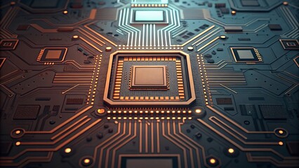 Fototapeta premium A close-up view of a computer circuit board featuring intricate patterns and a central processor, showcasing modern technology and design.